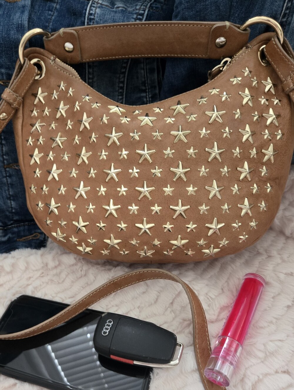 Authentic JIMMY CHOO Sky Star Studded Camel Leather Hobo Sloutch Satchel